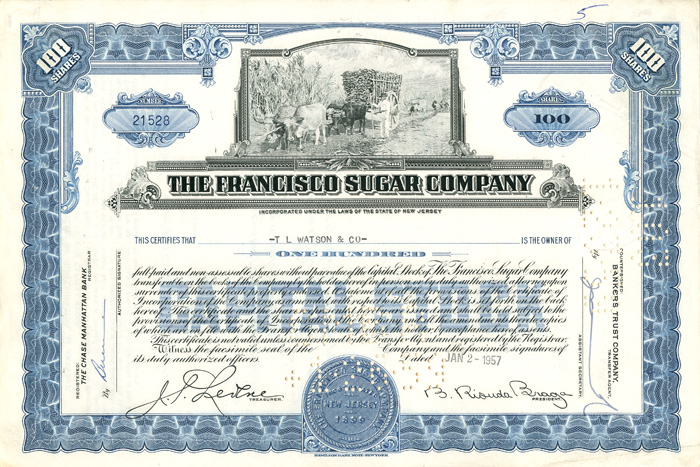 Francisco Sugar Co. - 1957 dated Cuba Stock Certificate